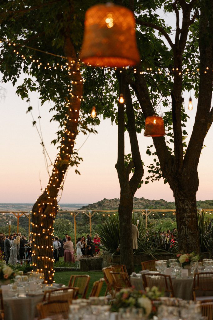 Guirnaldas y farolillos en los árboles sobre el banquete al atardecer en Finca El Gasco