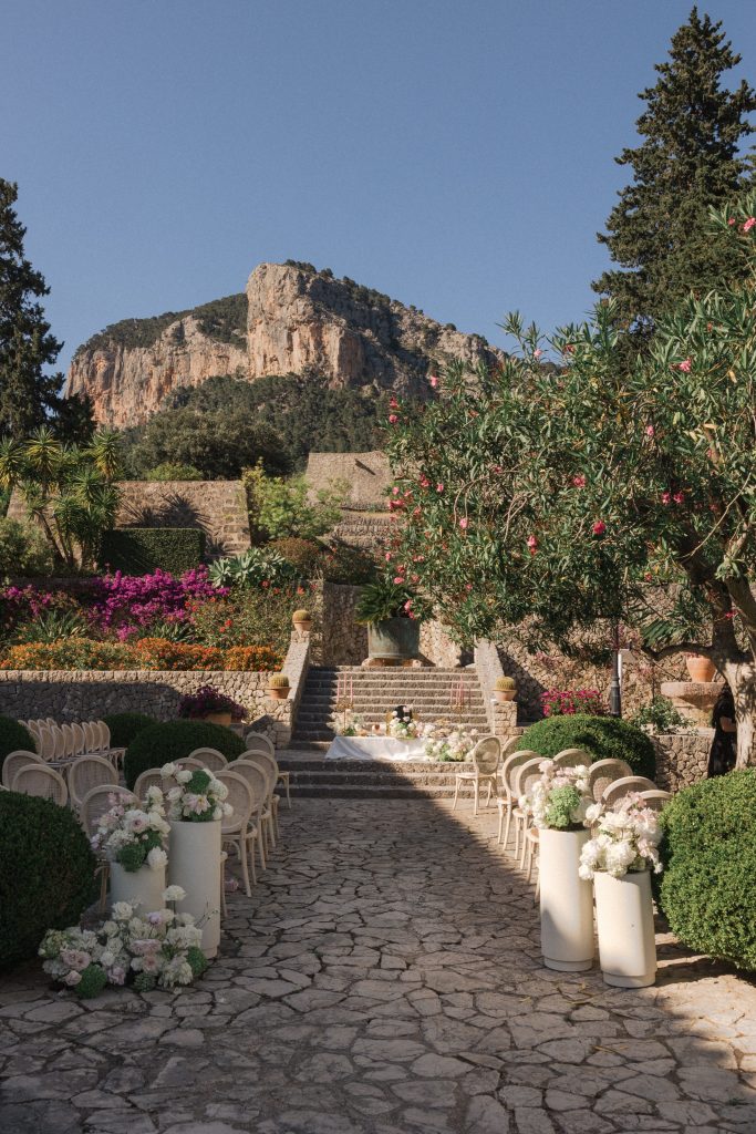 The garden steps at Son Berga, with the Alaró mountains behind