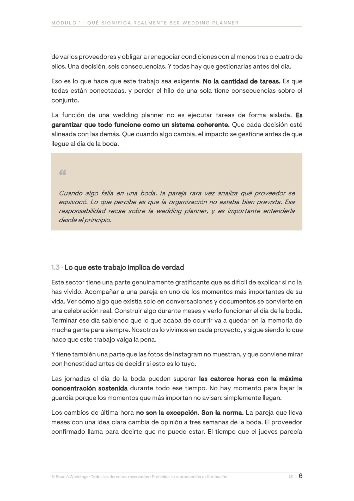 Página interior del Módulo 1 — Curso Bouclé Weddings