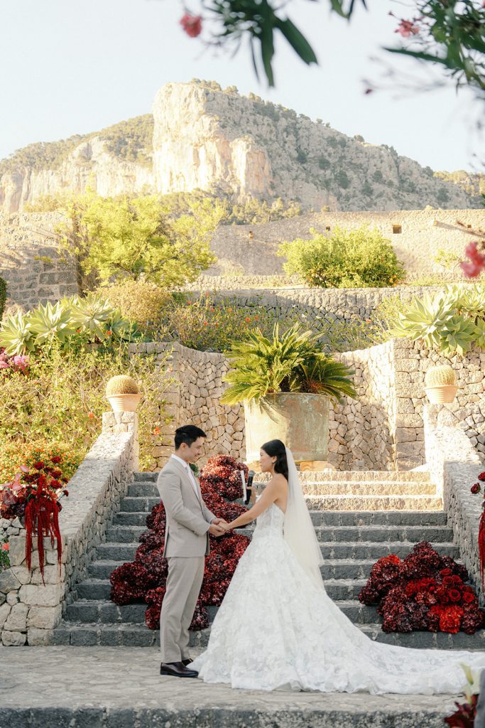 Celin and Luke on the ceremony steps at Son Berga