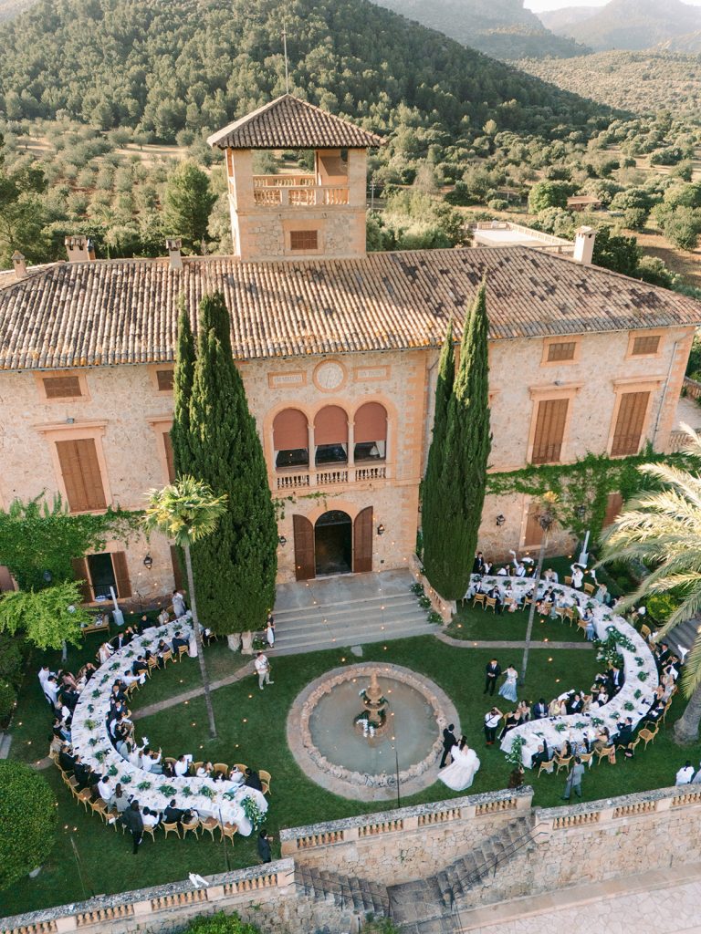 Dinner around the garden fountain at Son Togores, seen from above